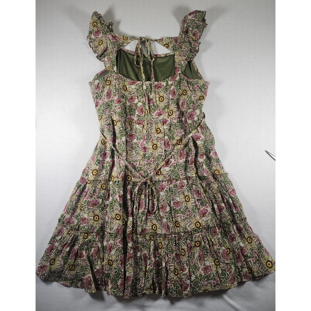Maurices Floral Tiered Mini Dress Olive Green Pink Ruffle Strap Boho Womens M